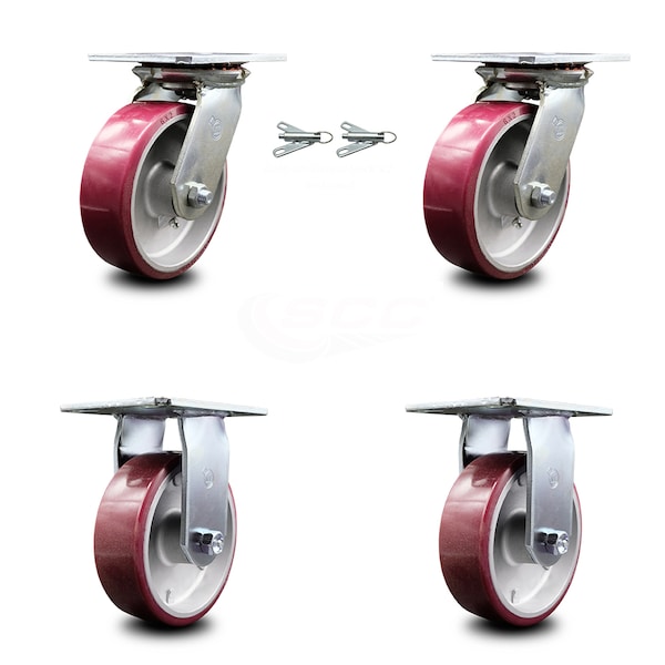 6 Inch Poly on Aluminum Caster Set with Roller Bearing 2 Swivel Lock and 2 Rigid